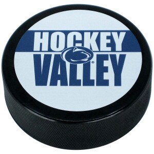 hockey puck with Hockey Valley and Penn State Athletic Logo